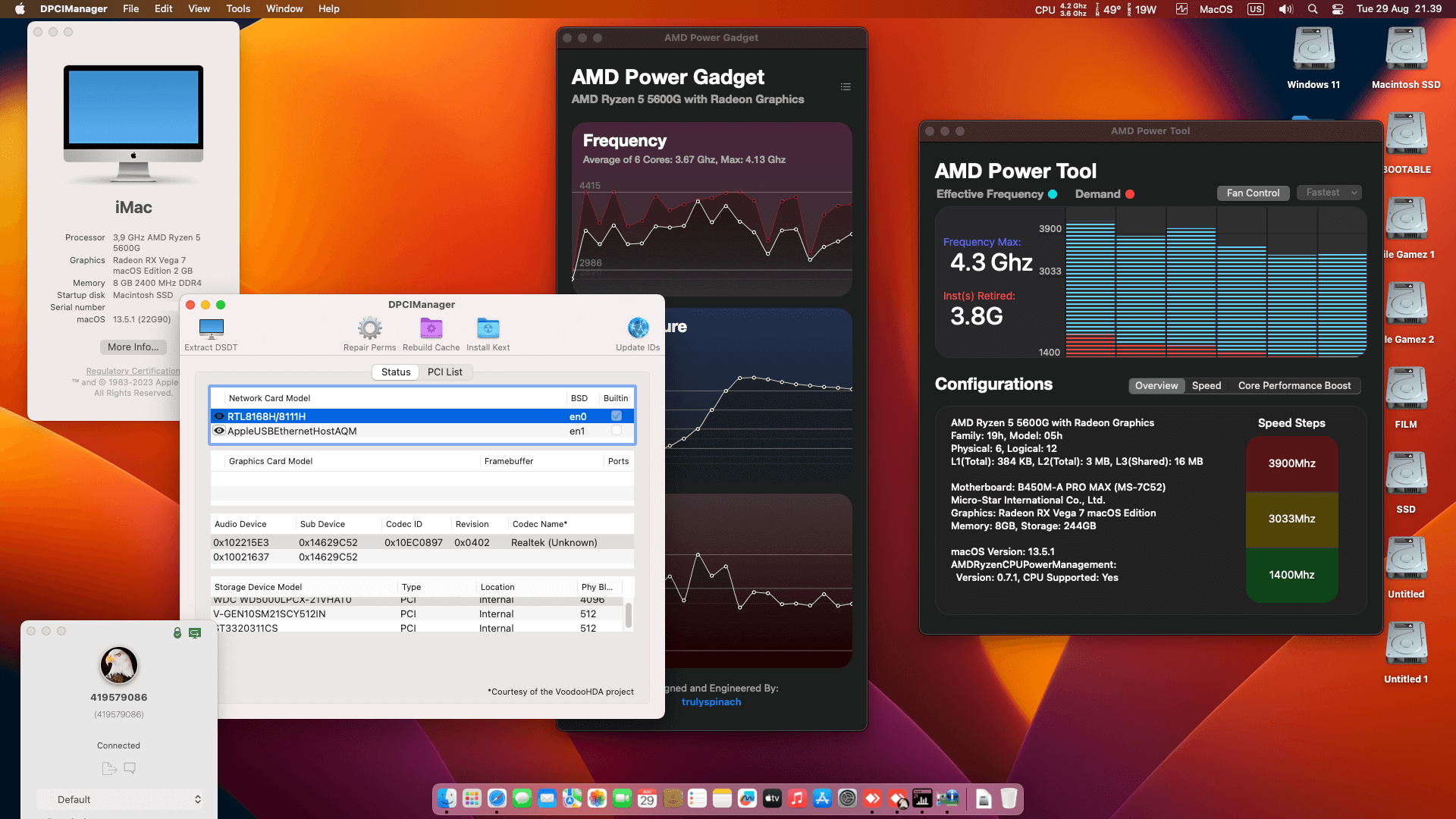 Success Hackintosh macOS Ventura 13.5.1 Build 22G90 in MSI B450M-A PRO MAX + AMD Ryzen 5 5600G + IGPU Radeon Vega 7
